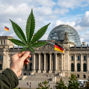 Hand holding marijuana leaf in front of Reichstag building in Berlin with German flags
