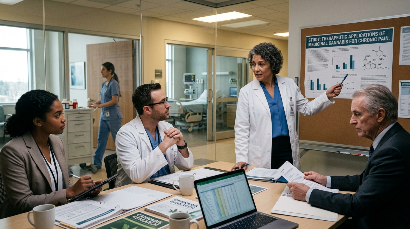 Medical professionals in a meeting discussing cannabis research for chronic pain