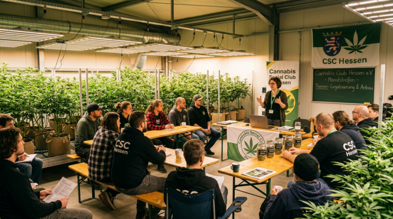 Group meeting at Cannabis Social Club Hessen discussing legalization and cultivation with cannabis plants in background